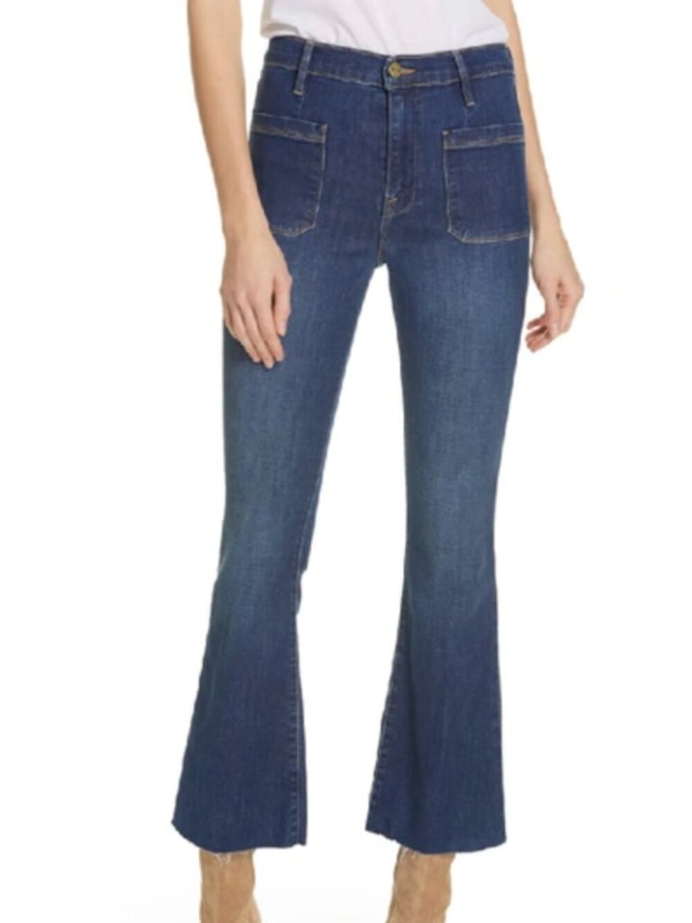 Frame Le Bardot Patch Pocket Crop High Rise Flare Raw Hem Jean Med Blue Wash, 25